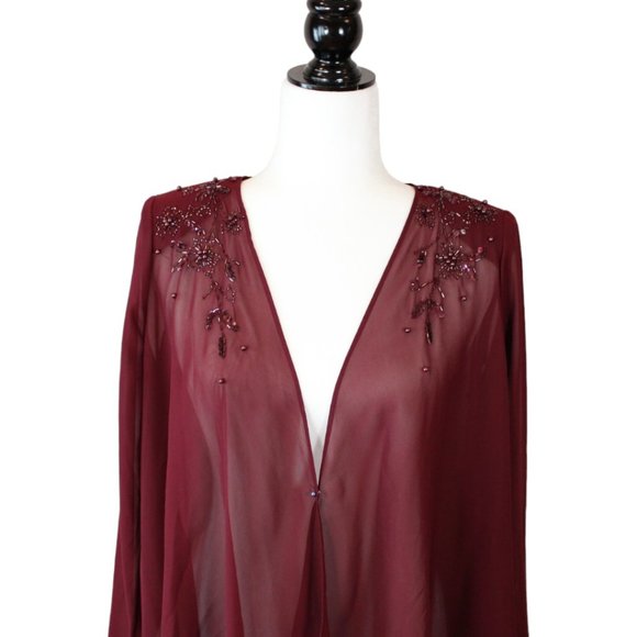 Tradition Beaded Over Blouse Size 8 Shoulder Pad Red Maroon Sheer High Low CA303 - Picture 2 of 13